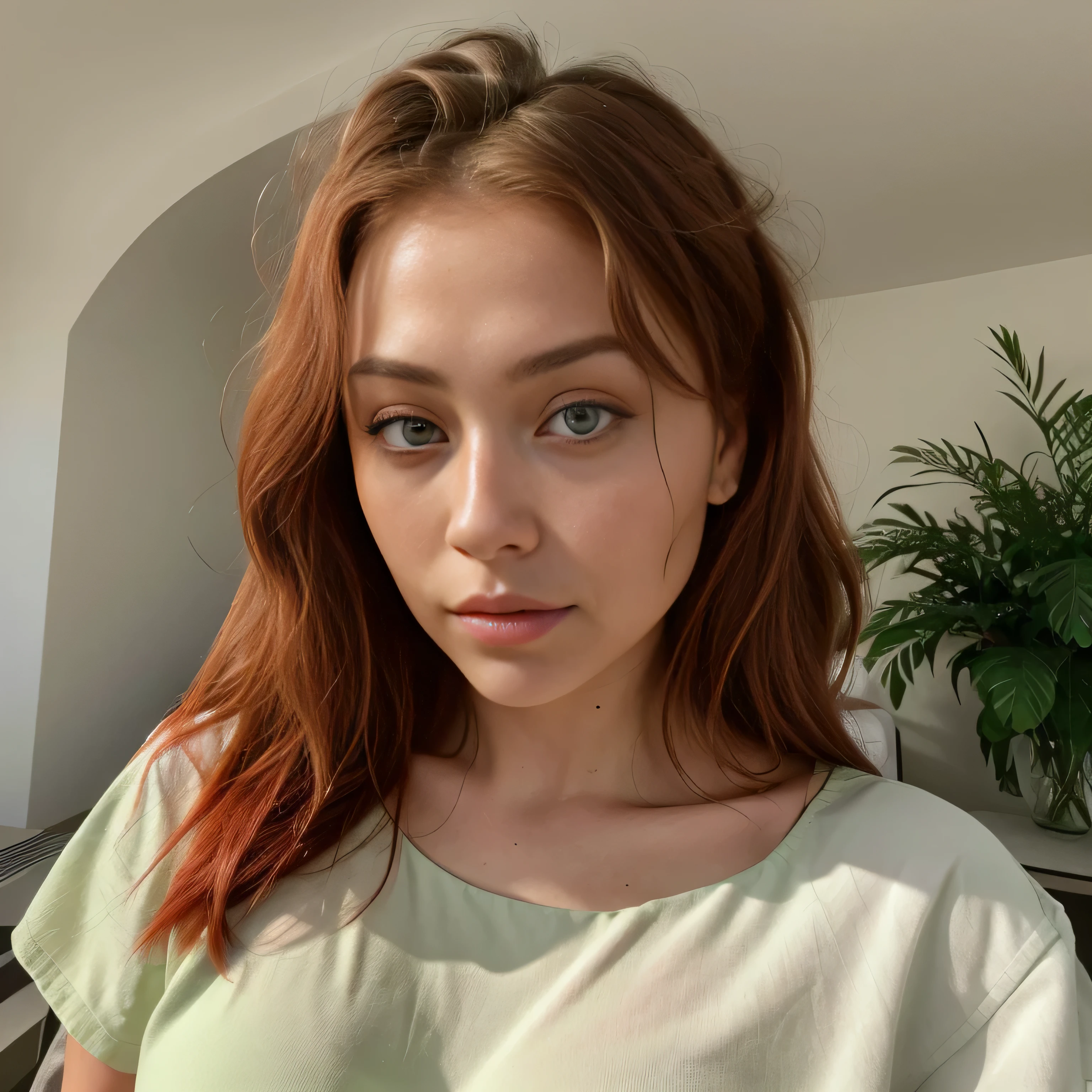 arafed woman fully , with green eyes, ultra realistic, meticulously detailed, portrait sophie mudd, red hair and large eyes, A stunning intricate color close up portrait of (sks woman:1), bedroom eyes, violet myers, without makeup, natural makeup, looking directly at the camera, face with artgram, subtle makeup , nluenceuse instagram, 90's outfit, portrait, Histoire Instagram, terrasse restaurant