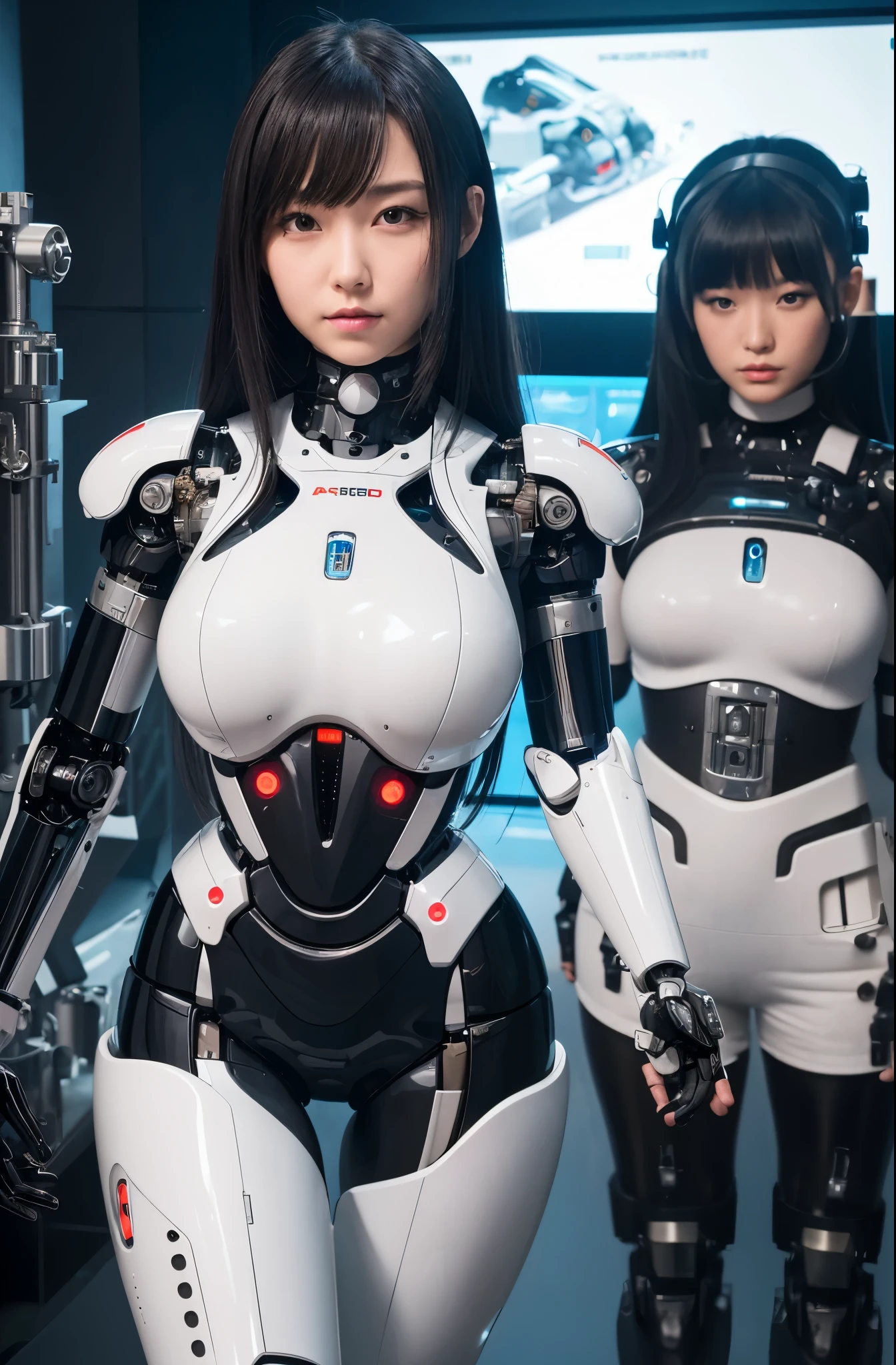masterpiece, best quality,Japaese Cyborg Girl,Plump , announcer,control panels,android,Droid,Mechanical Hand, ,clothes with a sense of mechanical technology, Robot arms and legs, Black Robot Parts,Black hair,Mechanical body,Blunt bangs,White abdomen,White robotics parts,tube dress,perfect robot woman,perfect android woman, perfect mechanical woman,future laboratory,android factory,cyborg factory,robot factory,cyber pank,charging spot,long tube,thick cable connected her neck,bowing,maintainance her,repaired her,full eyes,dark black tights,a bit chubby