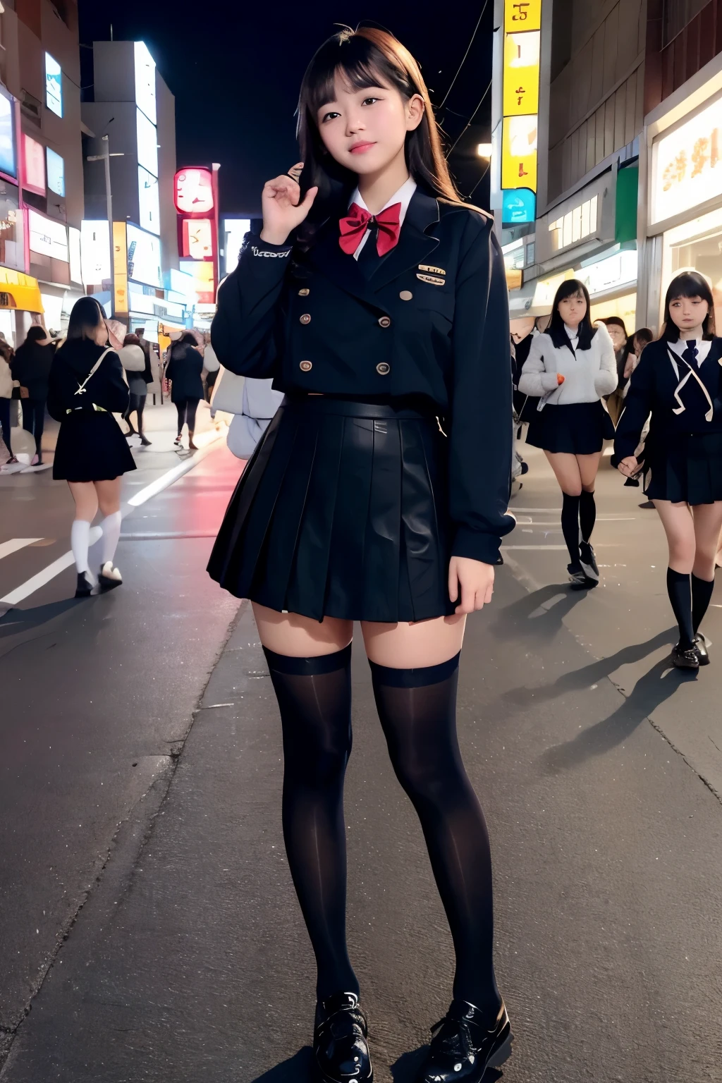 big breasts、Shoes are visible、super treet snap、tall, A baby-faced gal woman wearing a short skirt and bow tie is standing in a neon street at night、high school student、Thin calf、japanese girl、Winter clothes、Wearing Japanese school uniform、Japanese school black uniform、Wearing a surreal high school uniform、girl in uniform、Wearing a dark blue uniform、Full body Esbian、nice skin、glowing skin、nice thighs、(micro hining thighs、Plump thighs、She wears long black knee socks that go above her knees.、leather shoes、Japanese high school 、Nogizaka Idol、inviting eyes