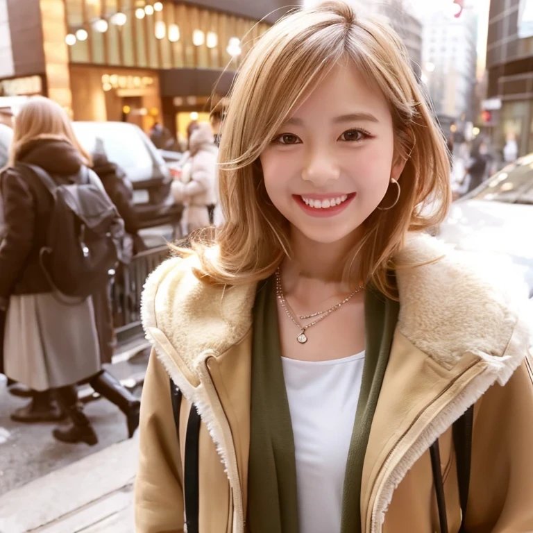 white shirt with open chest、Wearing a necklace、fluffy beige coat、