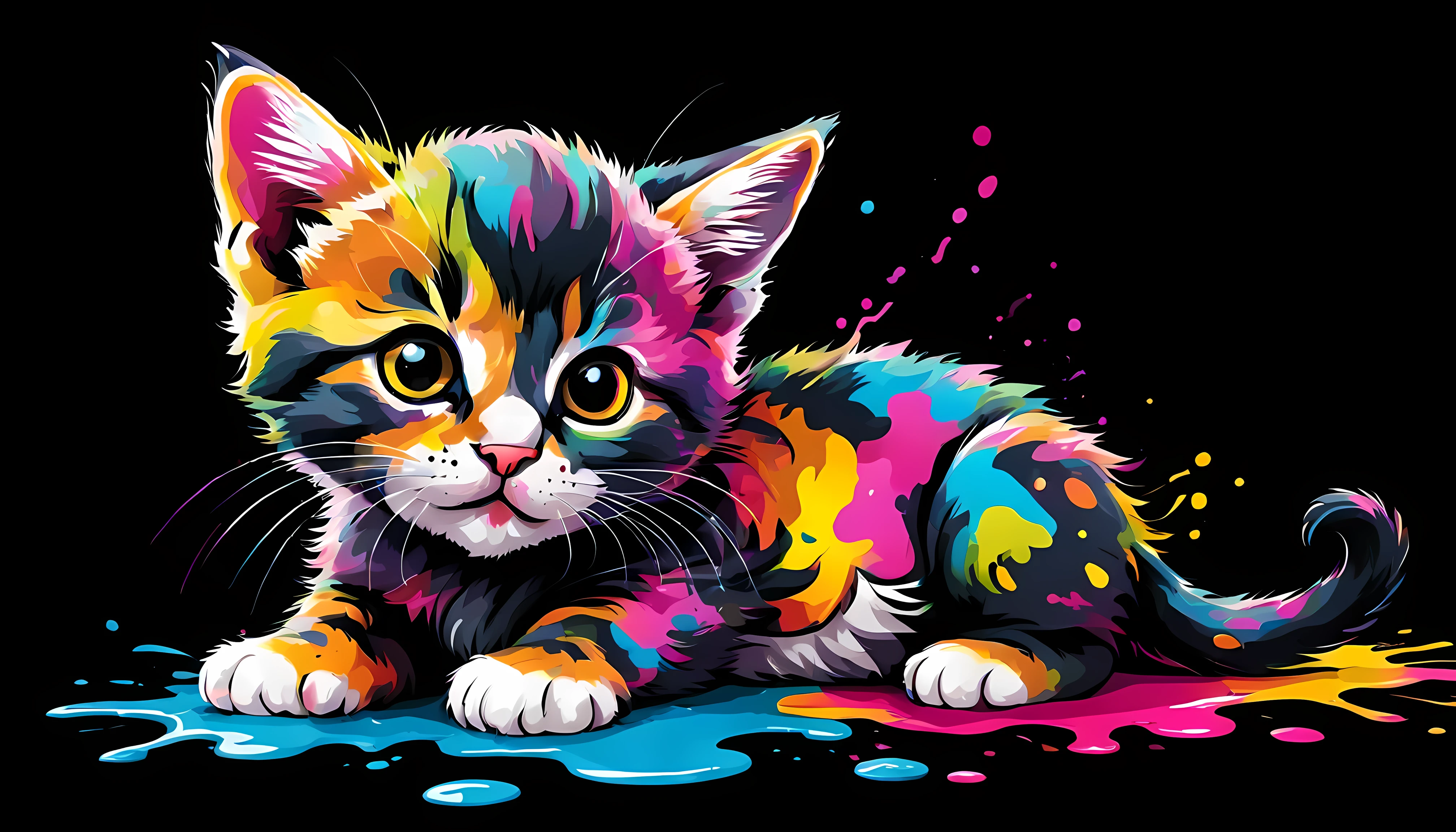 (cute cartoon style:1.3), masterpiece in maximum 16K resolution, ((solo)) a full side view of an adorable ((playful)) kitten ((covered in colorful ink stains)), black background. | ((More_Detail))