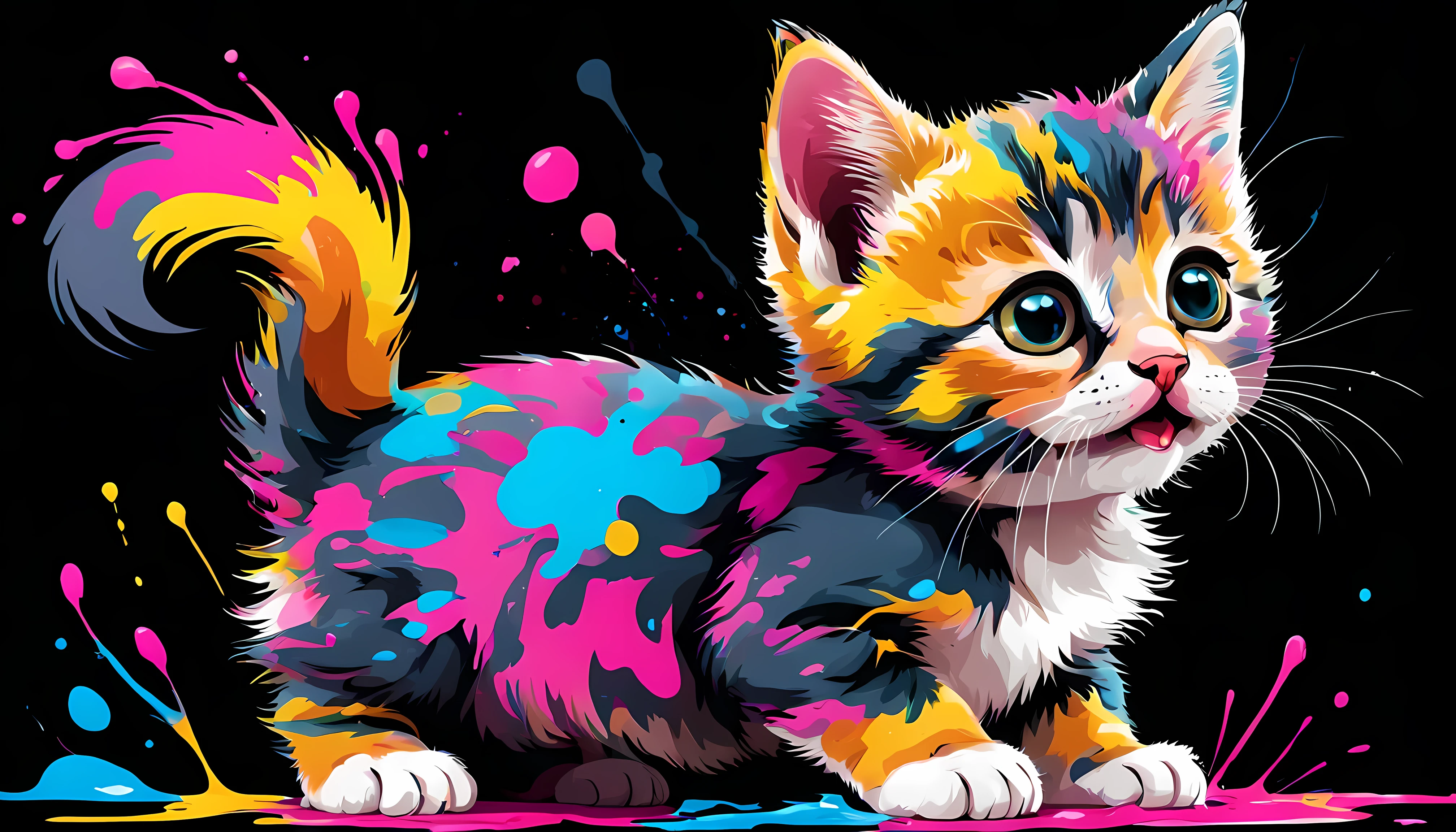 (cute cartoon style:1.3), (absurdes:1.3), masterpiece in maximum 16K resolution, ((solo)) a full side view of an adorable ((playful)) kitten ((covered in colorful ink stains)), (((looking up))), black background. | ((More_Detail))
