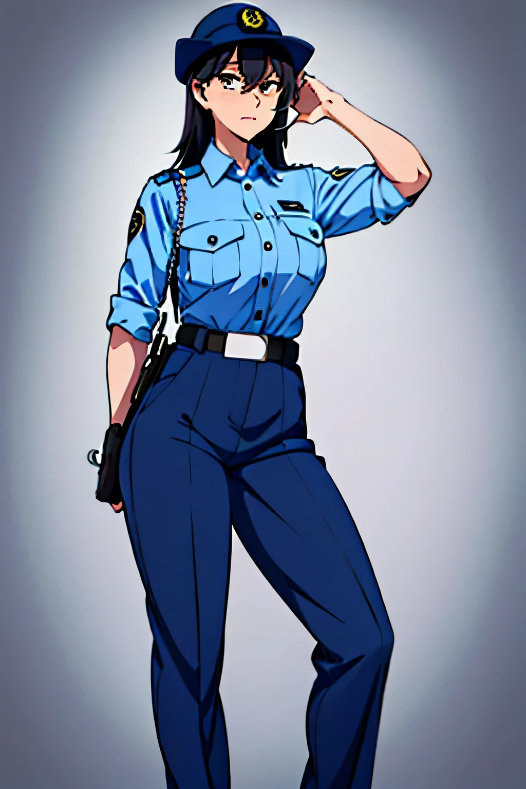 black hair, large breasts,police uniform, light blue shirt, blue pants, breast pocket, best quality, masterpiece,blue cap,black belt,policewoman,jp-police