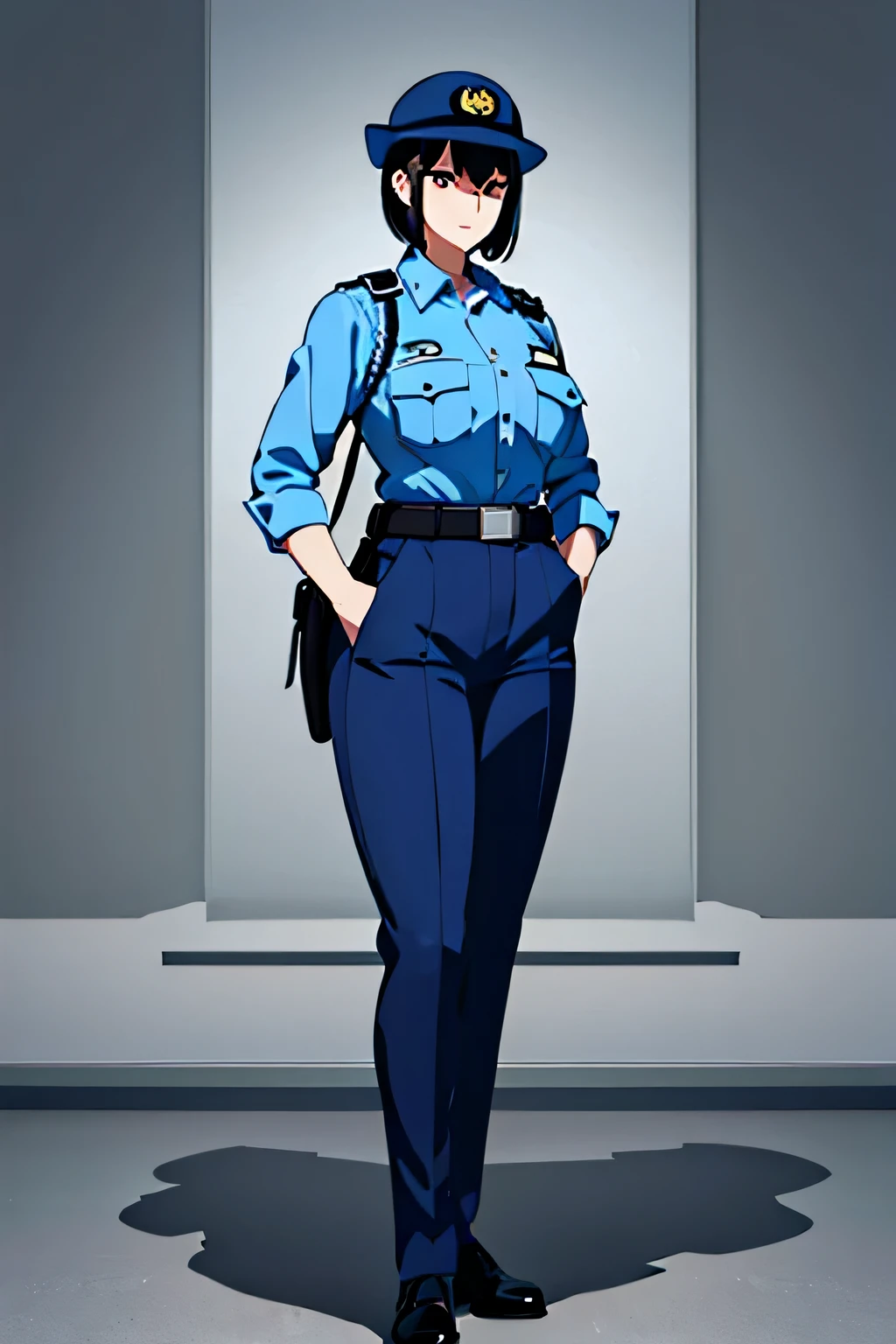 black hair, large breasts,police uniform, light blue shirt, blue pants, breast pocket, best quality, masterpiece,blue cap,black belt,policewoman,jp-police