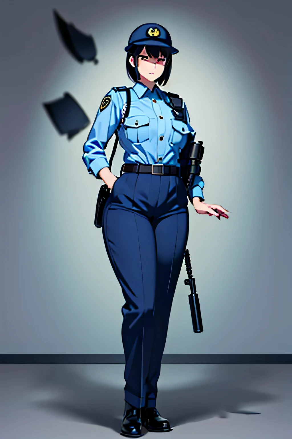 black hair, large breasts,police uniform, light blue shirt, blue pants, breast pocket, best quality, masterpiece,blue cap,black belt,policewoman,jp-police