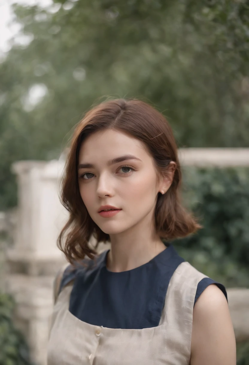 British women、23 year old woman、Full body photo of a woman、hyper quality、High definition、real、photorealism、16k、4k、cinematic、white shirt、Navy vest and pants setup、brown mashed short hair、beige mesh