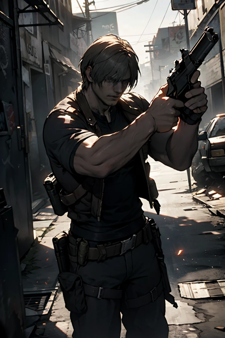 Leon&#39;s Kennedy holds a gun and shoots zombies. In front of rpd police station