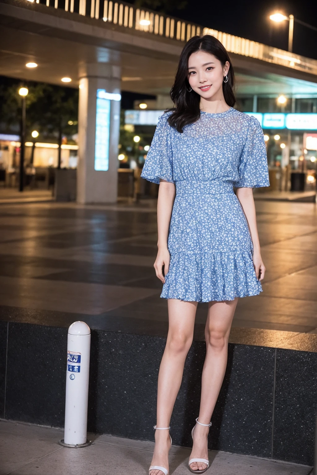 be familiar with,sharp lines,highest quality, masterpiece、Night parking lot、dark light、Canon Photo Crystal Clear ,(realistically:1.2), (Light blue floral pattern casual mini skirt dress)、action pose、Take a full body photo、lazy smile、glamorous figure、Medium Layer Hair