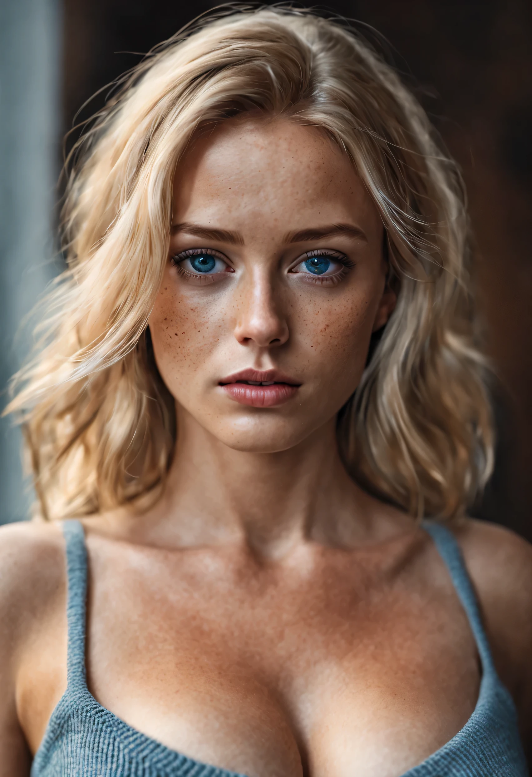 Beautiful girl, dark sweater with neckline, breasts, waist, slim beauty, blonde, light blue eyes, freckles, skin texture, photorealism, hyperrealism.