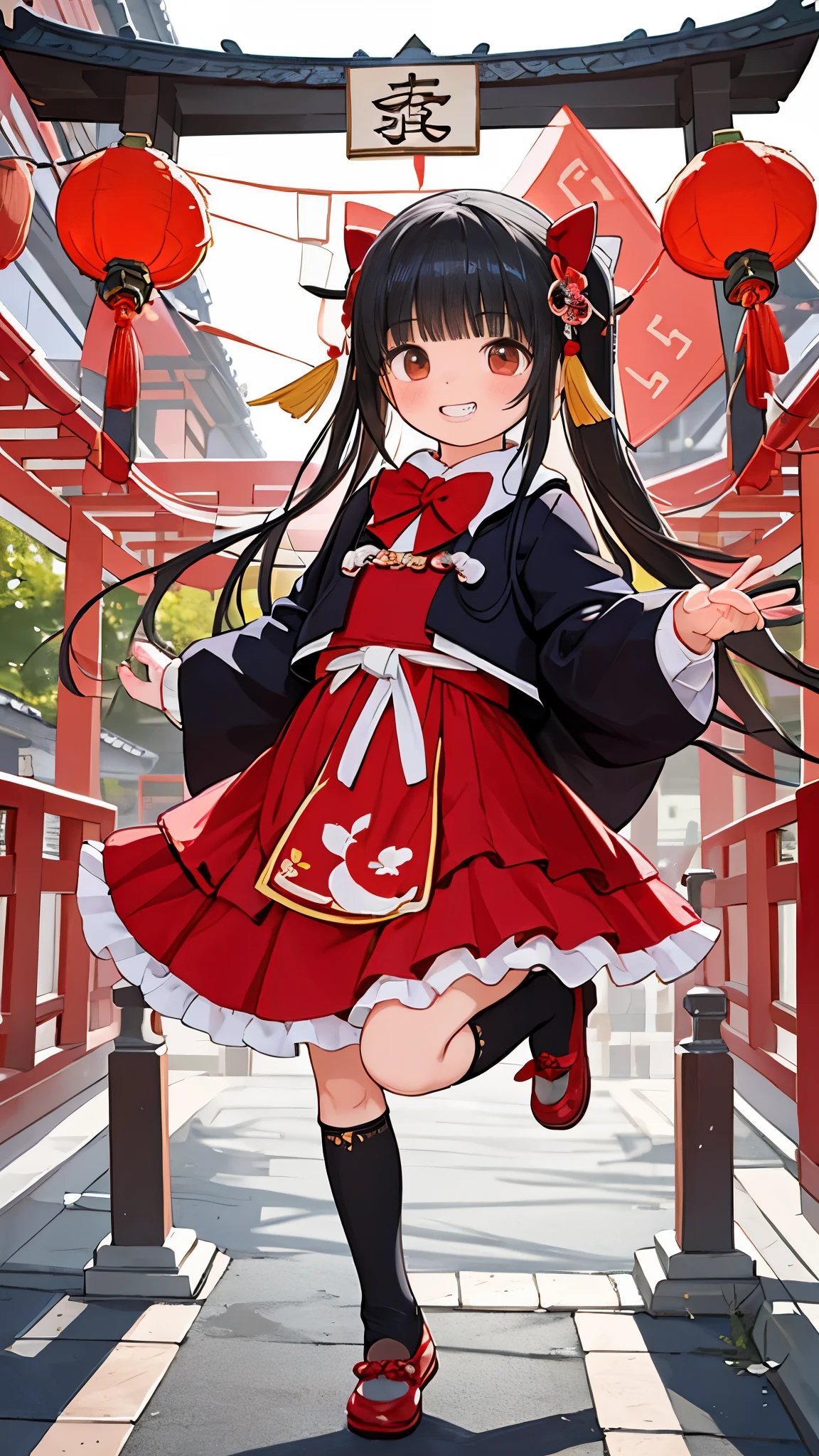 best quality, masterpiece, photorealistic, realistic, 1girl, solo, looking at viewer, grin, full body, long black hair, straight hair, bangs, blunt bangs, jumping, cyb dress, layered dress, long sleeves, hair bow, frilled dress, overcoat, bowtie, leg warmers, shoes, chinese lantern, spring festival, chinese garden, tree, flower, chinese new year, chinese building, people,
