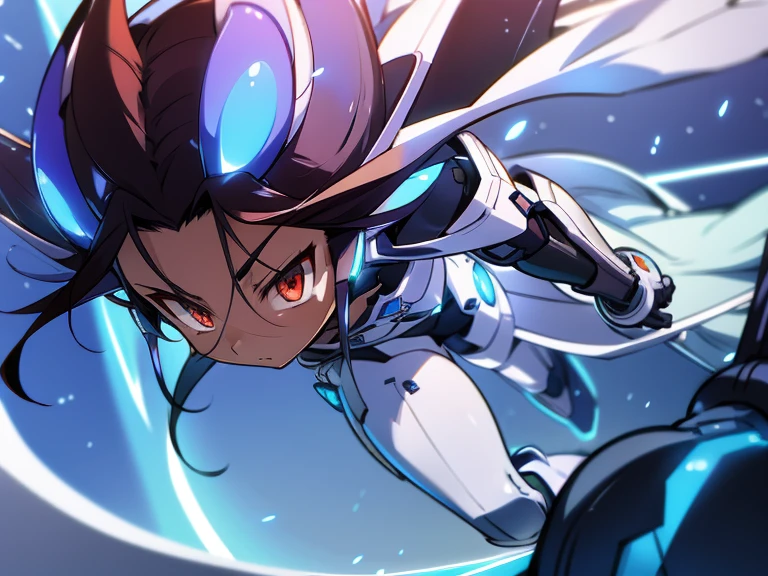 Masterpiece, best quality, highres, amazing quality, devouring the starry sky, tenchi muyo, flat chested, (male), (8 year old boy), (shota), (Dark skin), cute, red eyes, very long dark brown hair, blue gem on forehead, white mecha musume armour, white exosuit armour, black powersuit, white mecha armour legging, long black mecha tail, badass, cool, shounen, close up,  mecha funnels, 