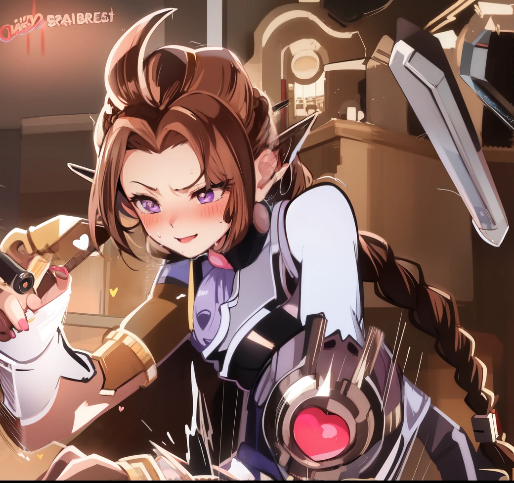 1girl,heart-shaped pupils,fingernails,hands grab the hammer,brown hair,purple eyes,(blush:1.1),choker,upper body,Braid hair,sweat,sweatdrop,heart,(speed lines:1.1),medium breasts, ((heavy breathing:1.3)), love, heart, crop top, happy, smile