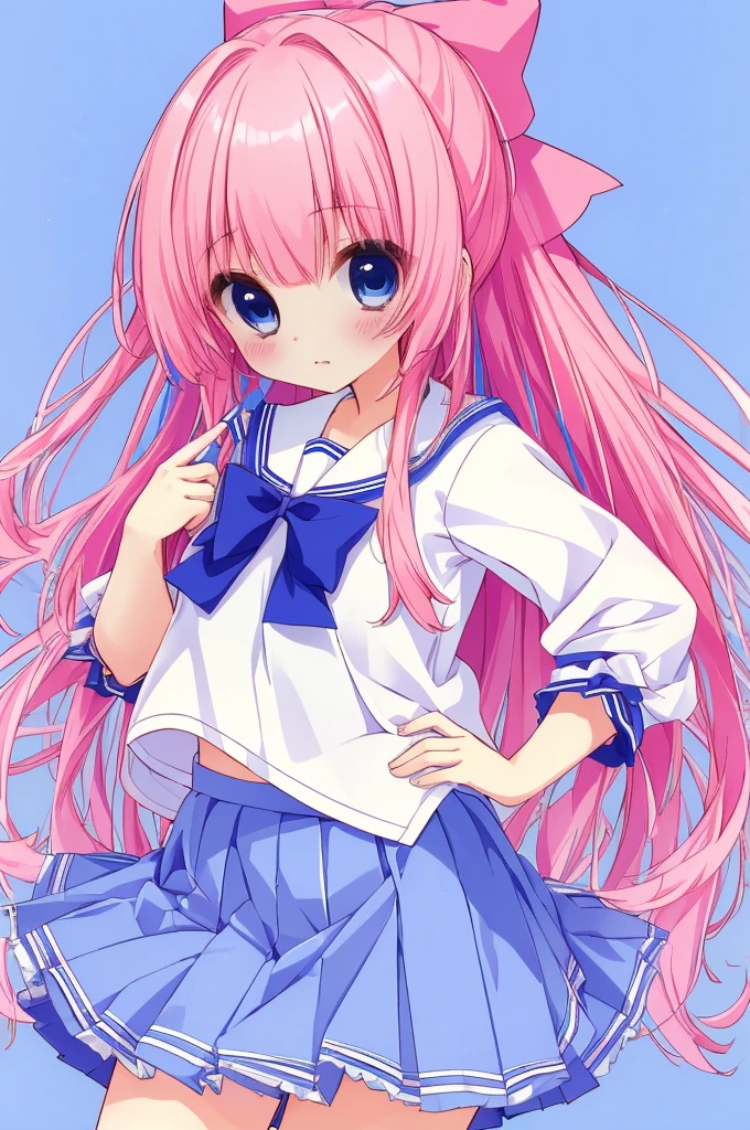 (masterpiece, best quality, high quality, highres, ultra-detailed), 1girl, solo, nodoka haramura, blue eyes, hair bow, long hair, pink hair, bow, blue skirt, kiyosumi , pleated skirt, , serafuku, skirt,   , , multicolored background,  