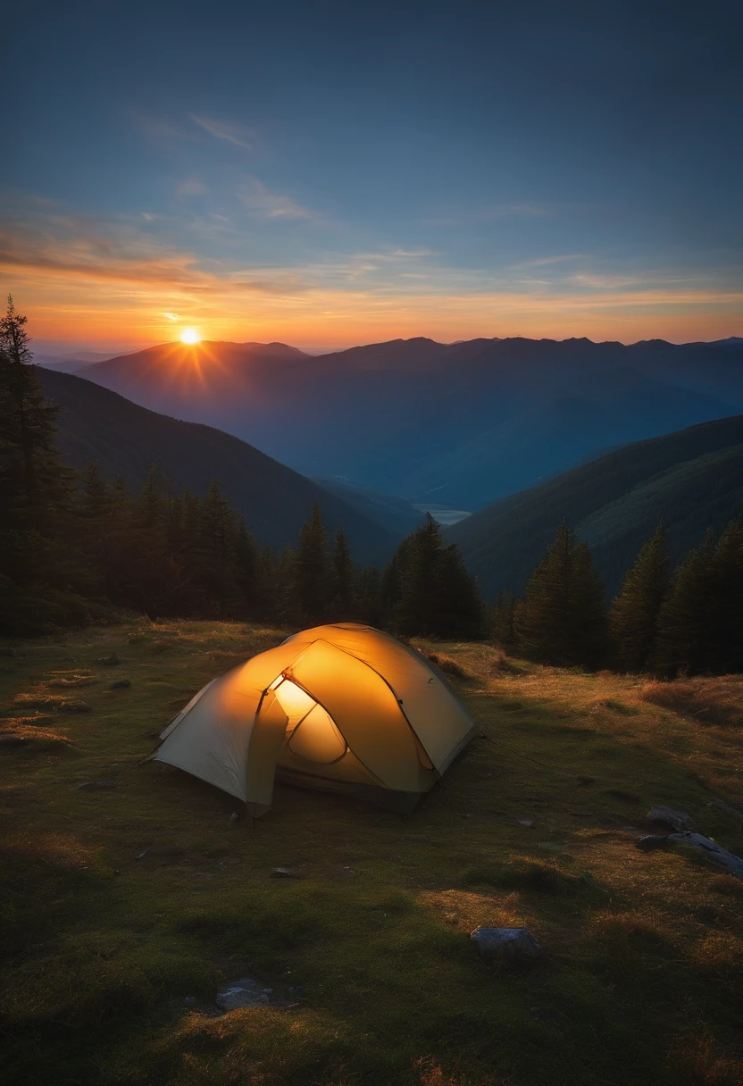 peaceful sunrise over the mountains while camping