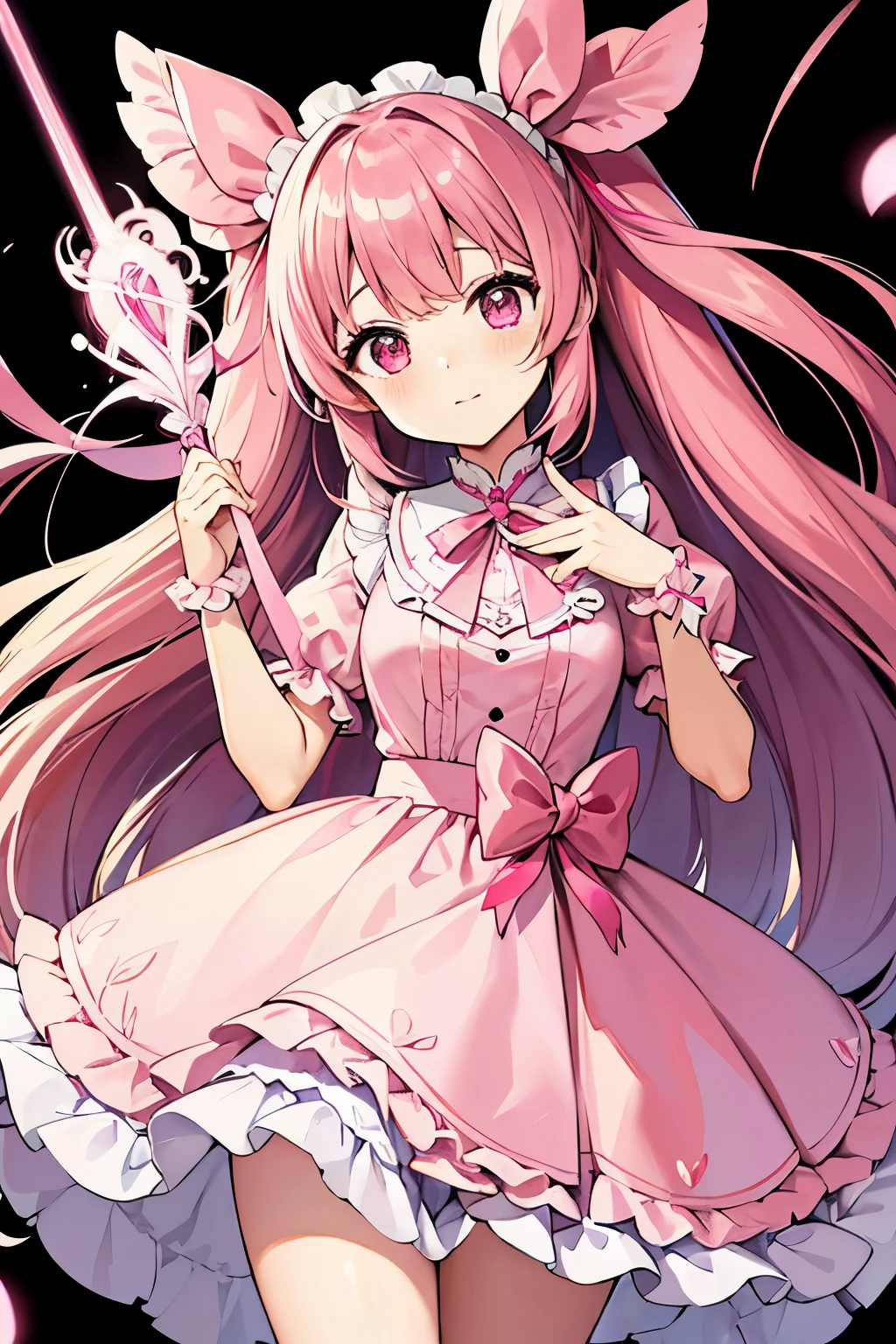 Cure Felicia。For a ruffled dress based on pink、She wears a ribbon and skirt with a star motif。Long hair、Tie a pink ribbon。With the motif of happiness and love。Image color is pink。The weapon is the Heart Whip。
