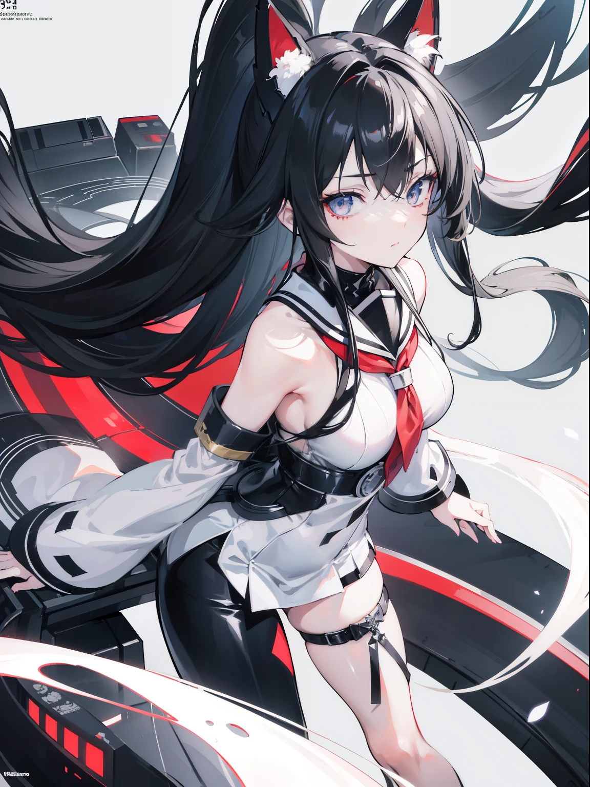 Anime girl with long, flowing gray-black hair and a striking black and white costume, best 4K anime wallpaper featuring Kantai Collection style, amalgamation of digital art prowess showcased on pixiv, masterpiece of anime art in 8K resolution, black hair adorned with red highlights, anime style artistry in 4K ultra-high definition, long white hair complementing the monochromatic outfit, best 4K anime art wallpaper displaying intricate details and shading, anime art competition winner showcasing process art, best 4K Konachang wallpaper exuding a Kantai Collection atmosphere, black hair contrasting the white fabric, anime art