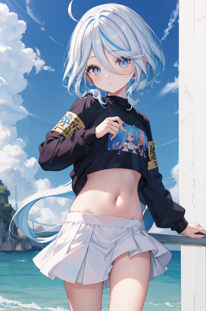 Furina  anime com cabelos brancos e olhos azuis, deus de cabelos brancos, garota retrato, camiseta, sweatshirt, Anime Girl with Cosmic Hair, com cabelos brancos, cabelos brancos, arte digital no Pixiv, retrato de anime Cirno, trends on artstation pixiv, cabelos brancos perfeitos, cabelo branco, retrato de olhos azuis, a miniskirt, (((Navel )))