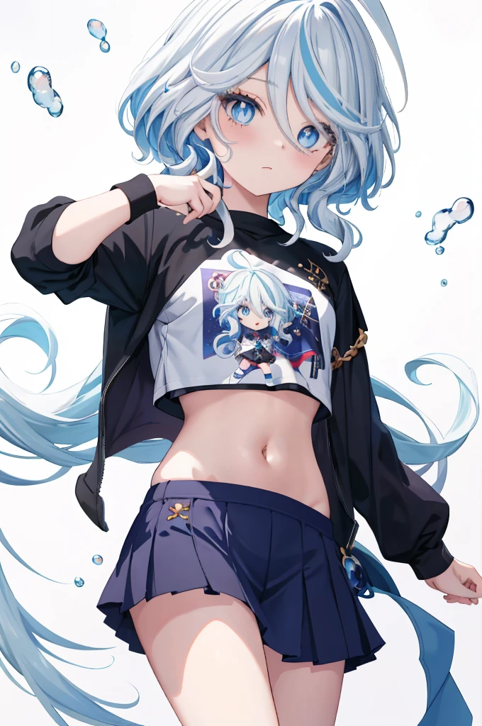 Furina  anime com cabelos brancos e olhos azuis, deus de cabelos brancos, garota retrato, camiseta, sweatshirt, Anime Girl with Cosmic Hair, com cabelos brancos, cabelos brancos, arte digital no Pixiv, retrato de anime Cirno, trends on artstation pixiv, cabelos brancos perfeitos, cabelo branco, retrato de olhos azuis, a miniskirt, (((Navel )))