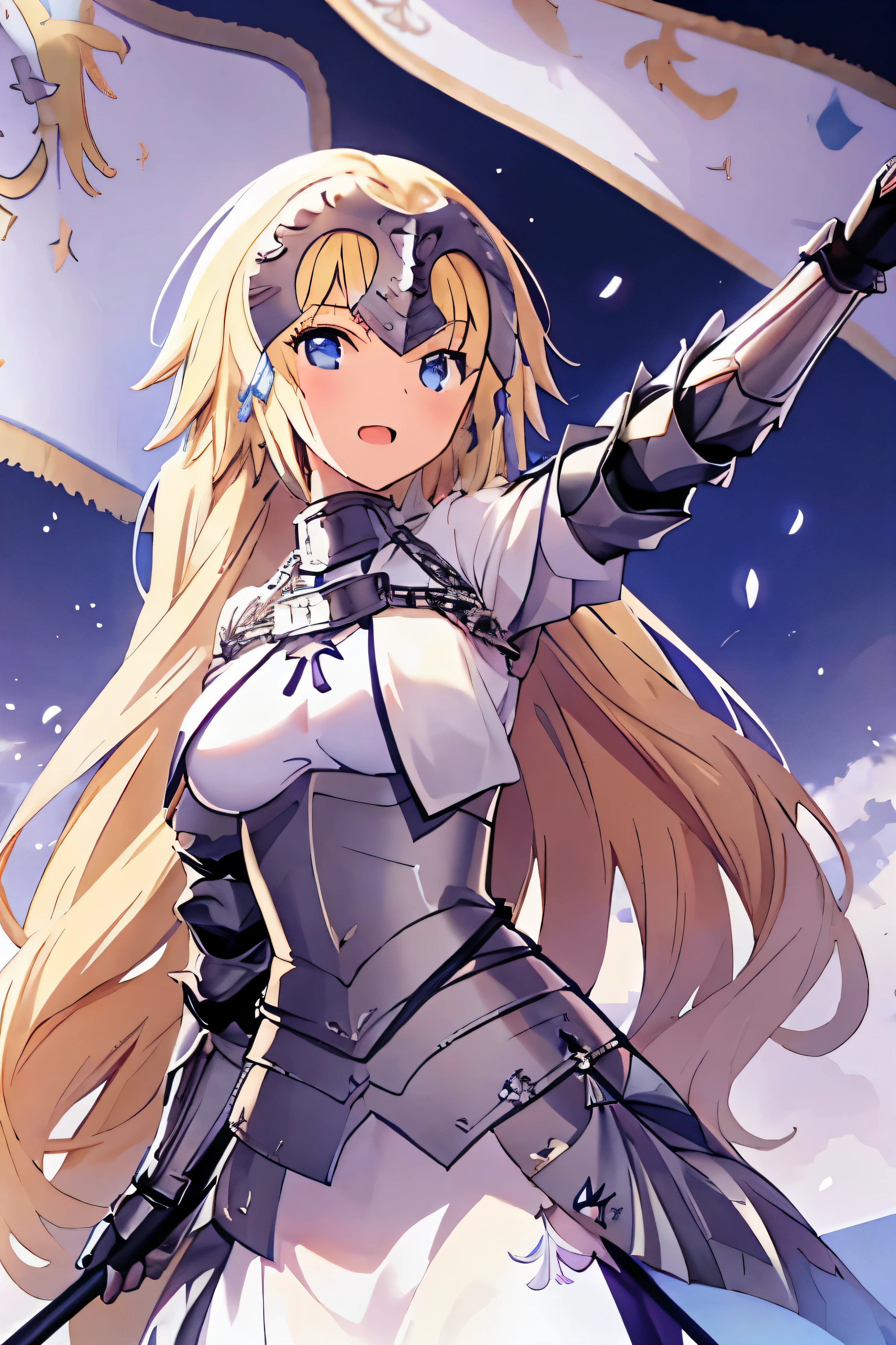 anime, 1 girl, solo, jeanne D'arc, white clothes, blonde long hair, hand gestures commanding army, hand signs commanding army, flags, stern face, takeuchi artstyle, saber face, able to see all of her hair