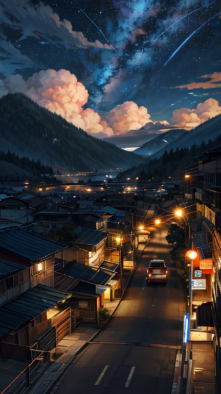 cloud,road down the mountain,straight,they want,course, starry sky,in the middle of the night, scent of moonshine,bustling street,people々,hostel,river,Father and daughter