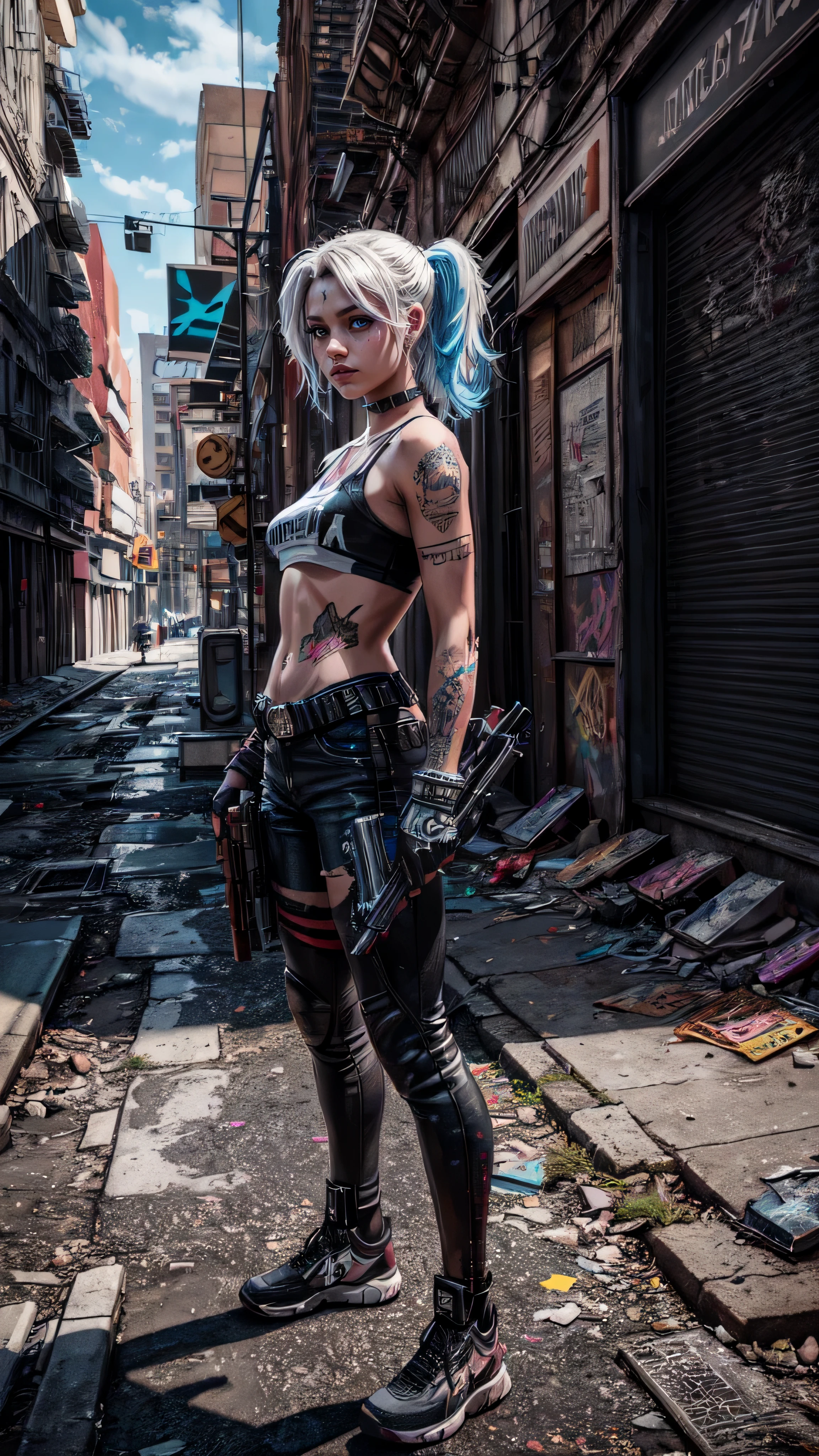 HARLEY QUIN holding a shotgun, 64k highly detailed digital art, striking pose, gritty urban setting, graffiti wall, abandoned buildings, realistic textures, hyper-realistic, intricately designed shotgun, gunmetal finish,aded-on labels, super detailed, photo-realistic, ultra-realistic, sharp focus, intently staring off into the distance, cinematic, ambient occlusion, volumetric lighting, technically advanced digital art, masterpiece, rendered on state-of-the-art computer, shot on Sony A7S III, f/ 9.0. Hyper realistic and hyperdetailed impressionistic masterpiece with acrylic color splash and ink splatter. Cinematic, ambient occlusion, volumetric lighting, shot on Sony A7S III, f/ 9. 0, 1/ 500, sharp focus 64k unsaturated, masterpiece.