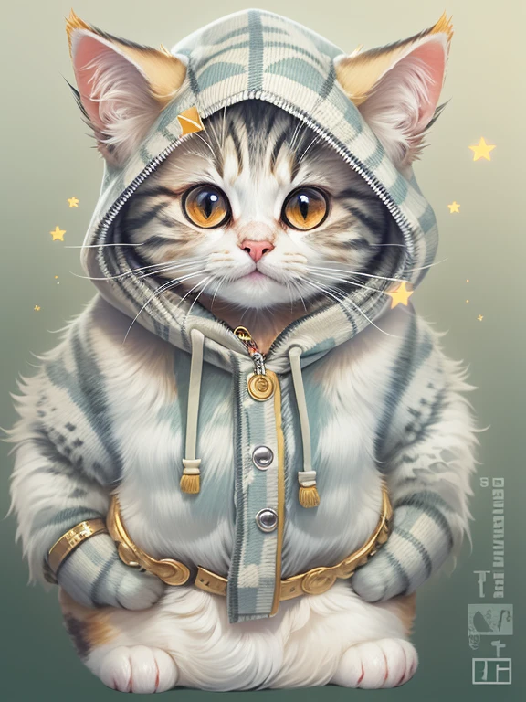 Create an adorable and stylized image of a silver tabby cat wearing a cute hoodie. The cat should have a round and chubby shape with big round eyes. The gold fur should be depicted with simplified lines and patterns, and the hoodie should be colorful and snugly fitting, with a playful design. Please make sure to capture the charm and cuteness of the cat in the image.