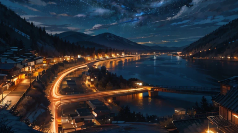 cloud,road down the mountain,straight,they want,course, starry sky,in the middle of the night, scent of moonshine,bustling street,people々,hostel,river,Father and daughter
