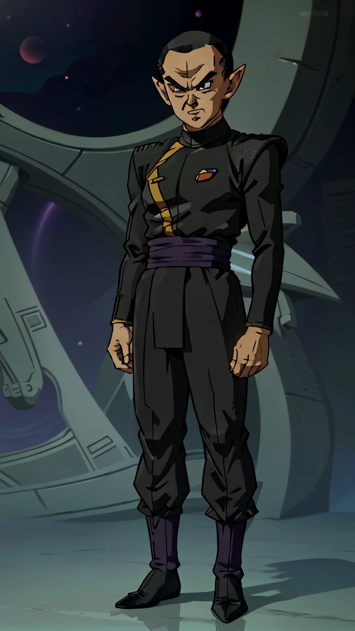 dbsuper style fullbody shot of male romulan pointy eyebrows pointy ears forehead ridge on a nertual background