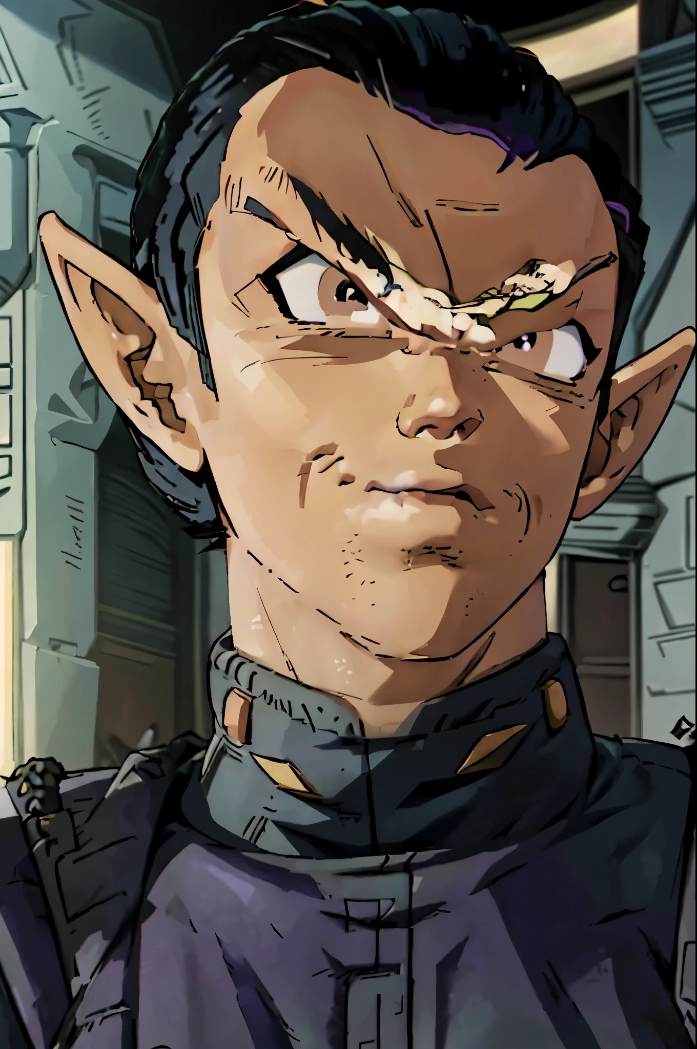 dbsuper style fullbody shot of male romulan pointy eyebrows pointy ears forehead ridge