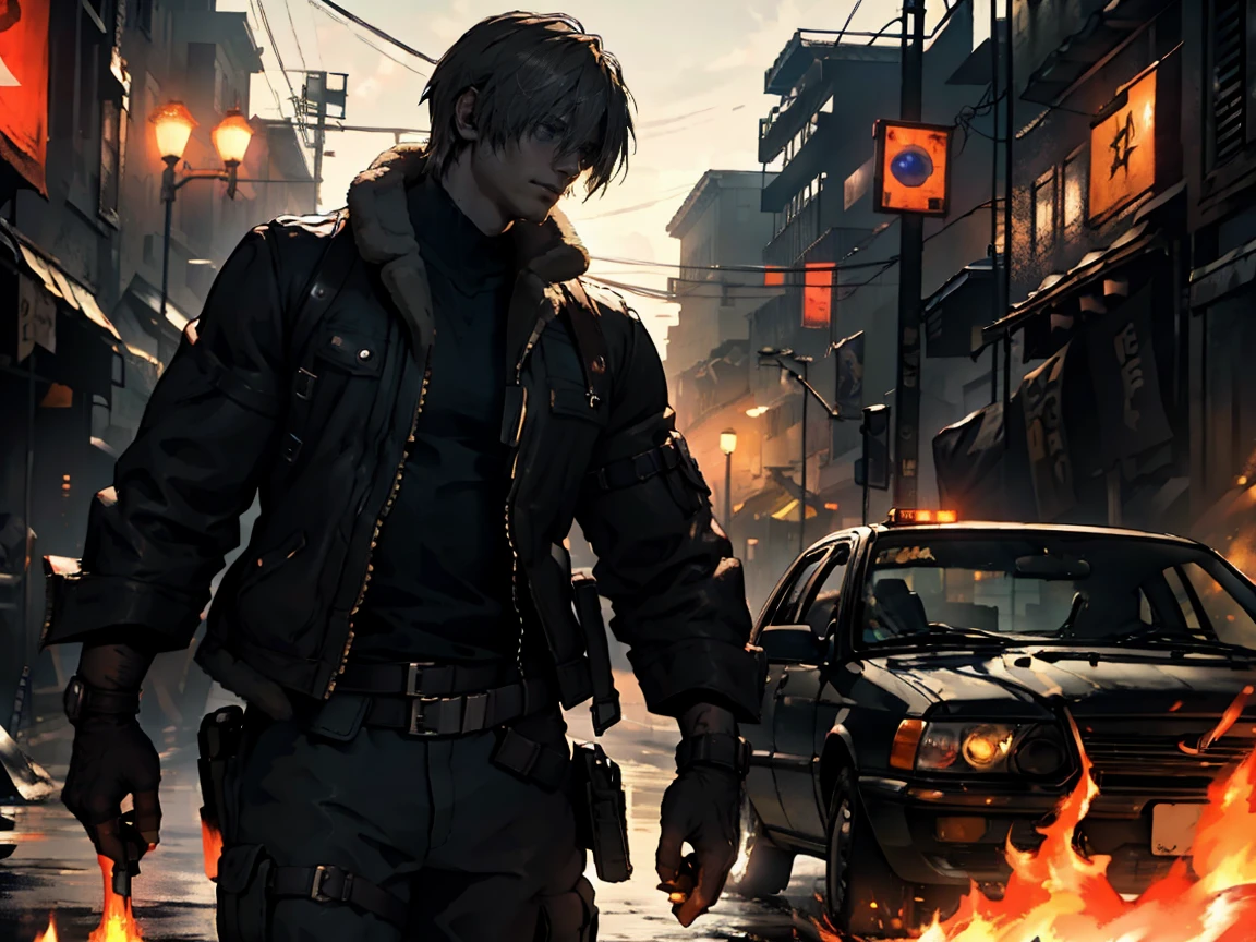  Leon s Kennedy in zombie night city, car on fire 