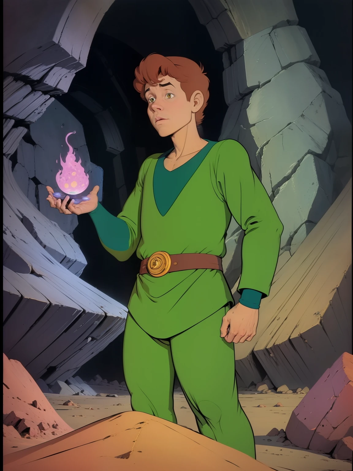 (((COMIC STYLE, CARTOON ART))). A comic-style image of Presto, , with him as the central figure. He is standing, his hands holding a wizard's hat. He wears a green suit. He has brown hair, brown eyes. He is surrounded by a dark cave, with rocks, crystals and dust. He has an insecure and shy expression, as if he is about to perform a magic trick.. D&D style .