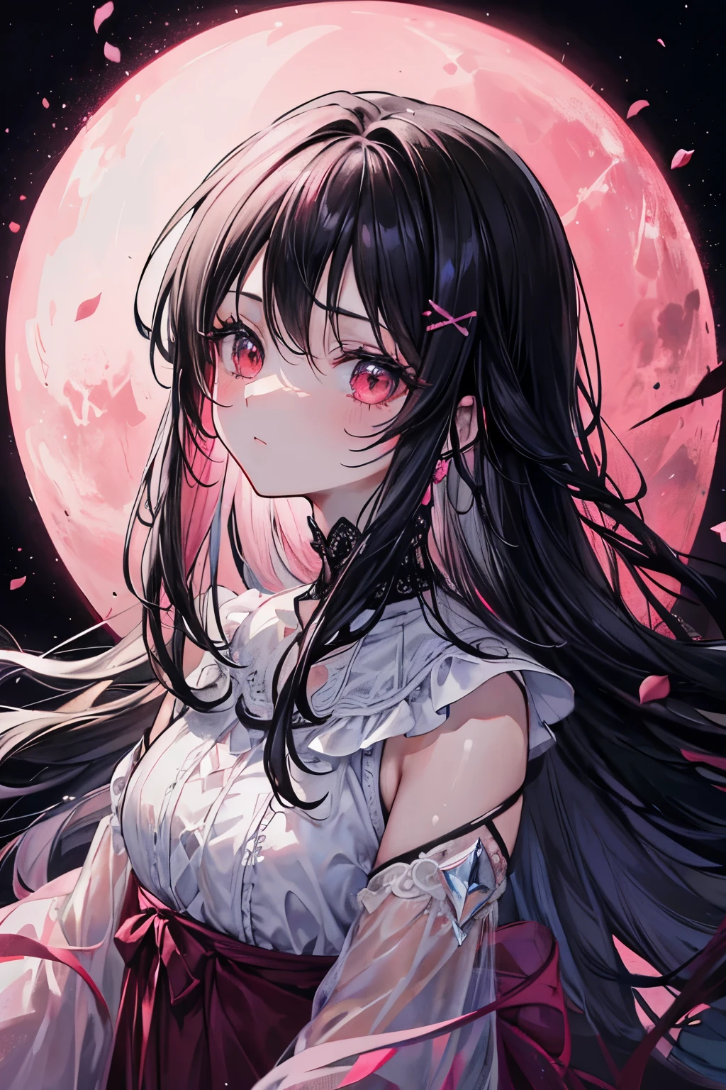 chica, ((cabello de color rosado intenso conmbinado negro:1.2)), sosteniendo una flor rosa muerta, campo de flores de noche, Luz de luna sutil, bright petals, detalles delicados, dynamic perspective, hálo, serene and melancholy expression, Contraste enriquecido, Sombras profundas