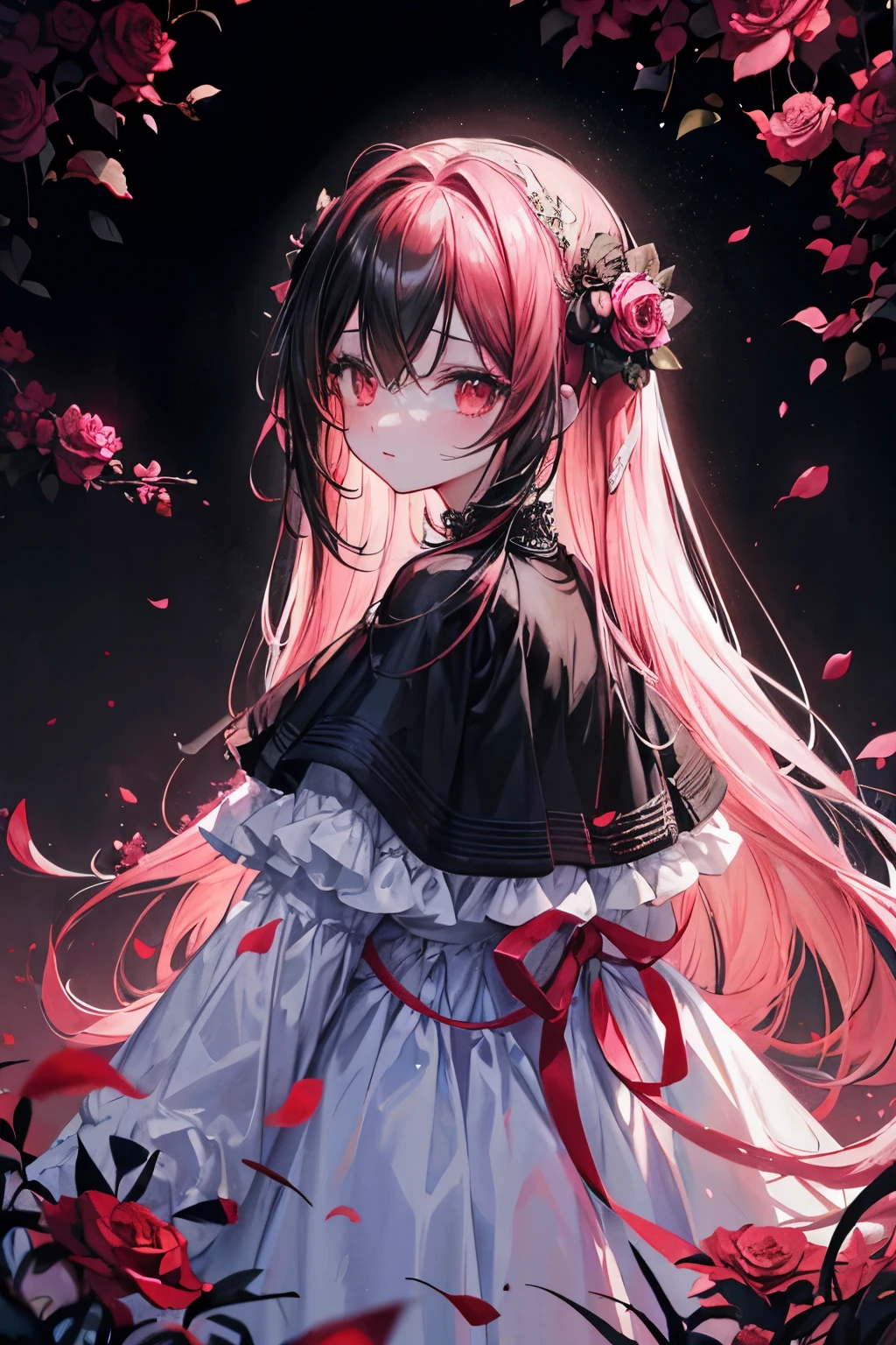 chica, ((cabello de color rosado intenso conmbinado negro:1.2)), sosteniendo una flor rosa muerta, campo de flores de noche, Luz de luna sutil, bright petals, detalles delicados, dynamic perspective, hálo, serene and melancholy expression, Contraste enriquecido, Sombras profundas
