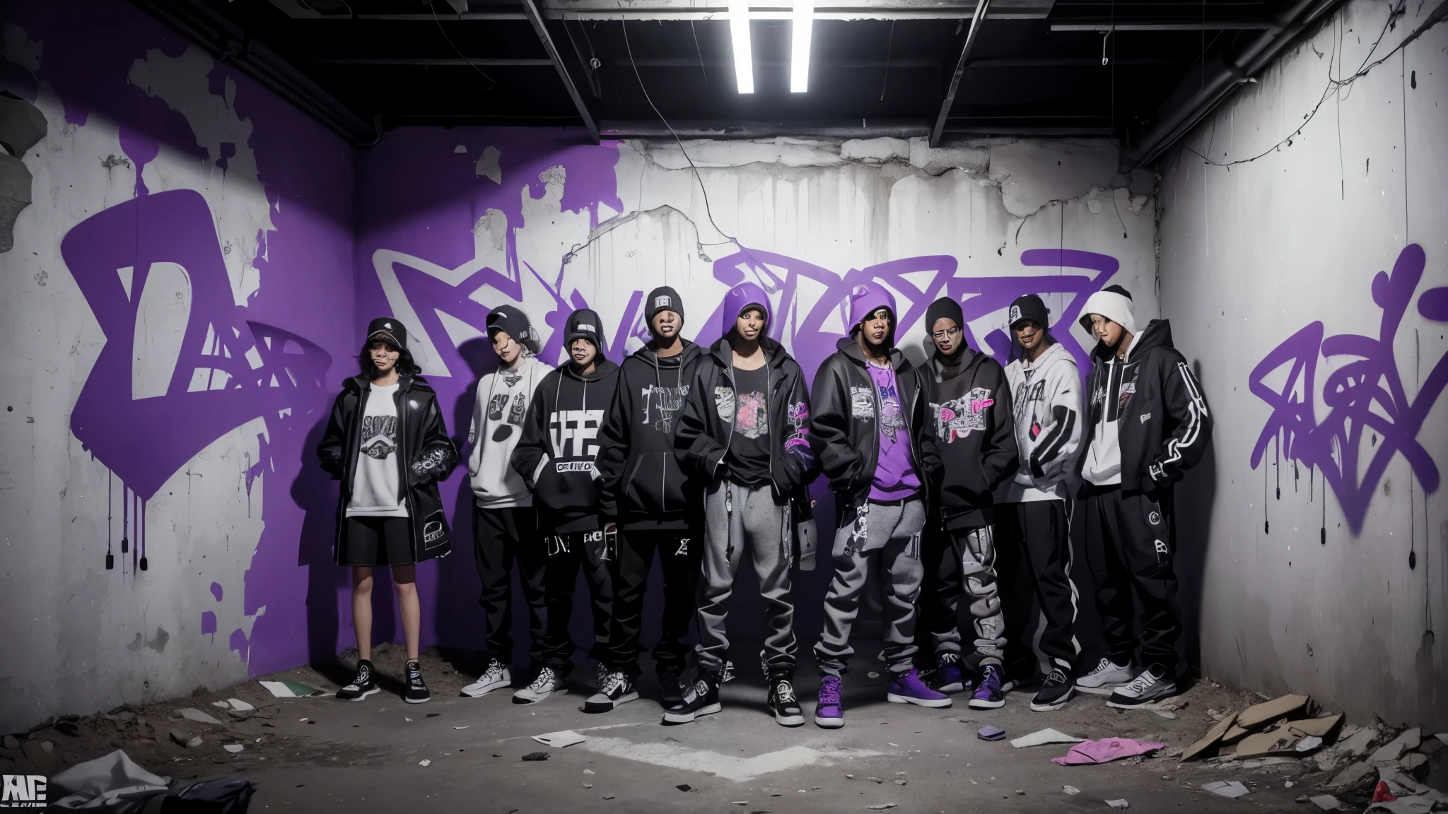 aesthetic, graffiti on walls, rap graffity tags on walls, team of girls and boys, aesthetic, cool crew chilling, crew, stylish, heavy clothes, smooth colours, underground, purple eyes, holding weapon, with a cat as a pet, thug, 3d, ambient occlusion, ultra hd, shadow, good lighting, torn walls