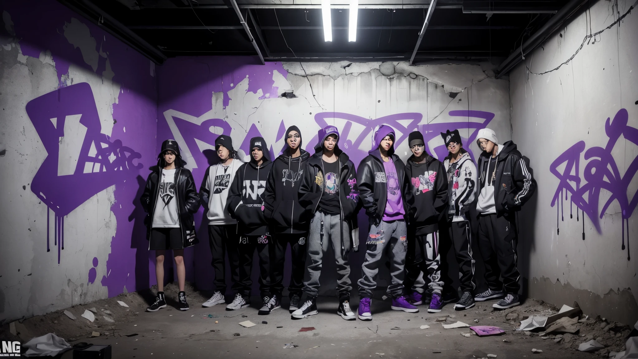 aesthetic, graffiti on walls, rap graffity tags on walls, team of girls and boys, aesthetic, cool crew chilling, crew, stylish, heavy clothes, smooth colours, underground, purple eyes, holding weapon, with a cat as a pet, thug, 3d, ambient occlusion, ultra hd, shadow, good lighting, torn walls
