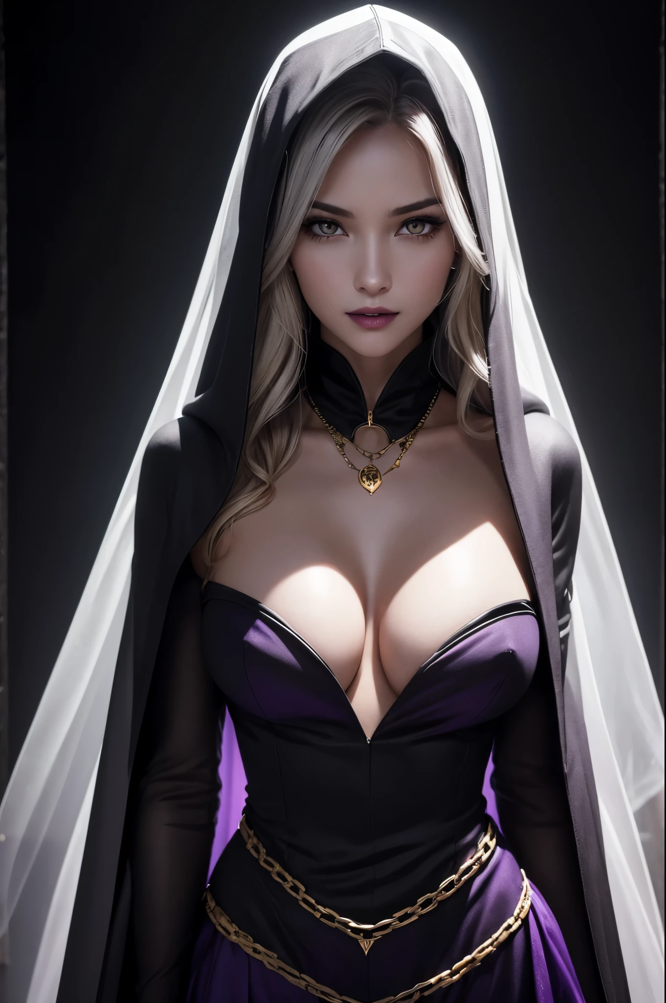 8K,超realistic,(table top, highest quality) Daniela Dimitrescu, 1 female, gray hair,looking for at Viewer, open your mouth, blonde hair, background, cleavage, skin that looks real,jewelry, Medium Small Breasted, 超sexyな外装, looking for, Upper body, flower, wing, teeth and fangs, hood, necklace, cape, good, compensate, bug, Lipstick, inside the black cave, precious stones, white skin, veil, hood up, realistic, black lips,Super high resolution,Purple Flame(Purple effect),very big breasts,rich colors, Backlight, cinematic lighting, film grain, born, 50mm lens, Nikon D850,realistic skin,golden eyes,sexy,Inside the dark castle,