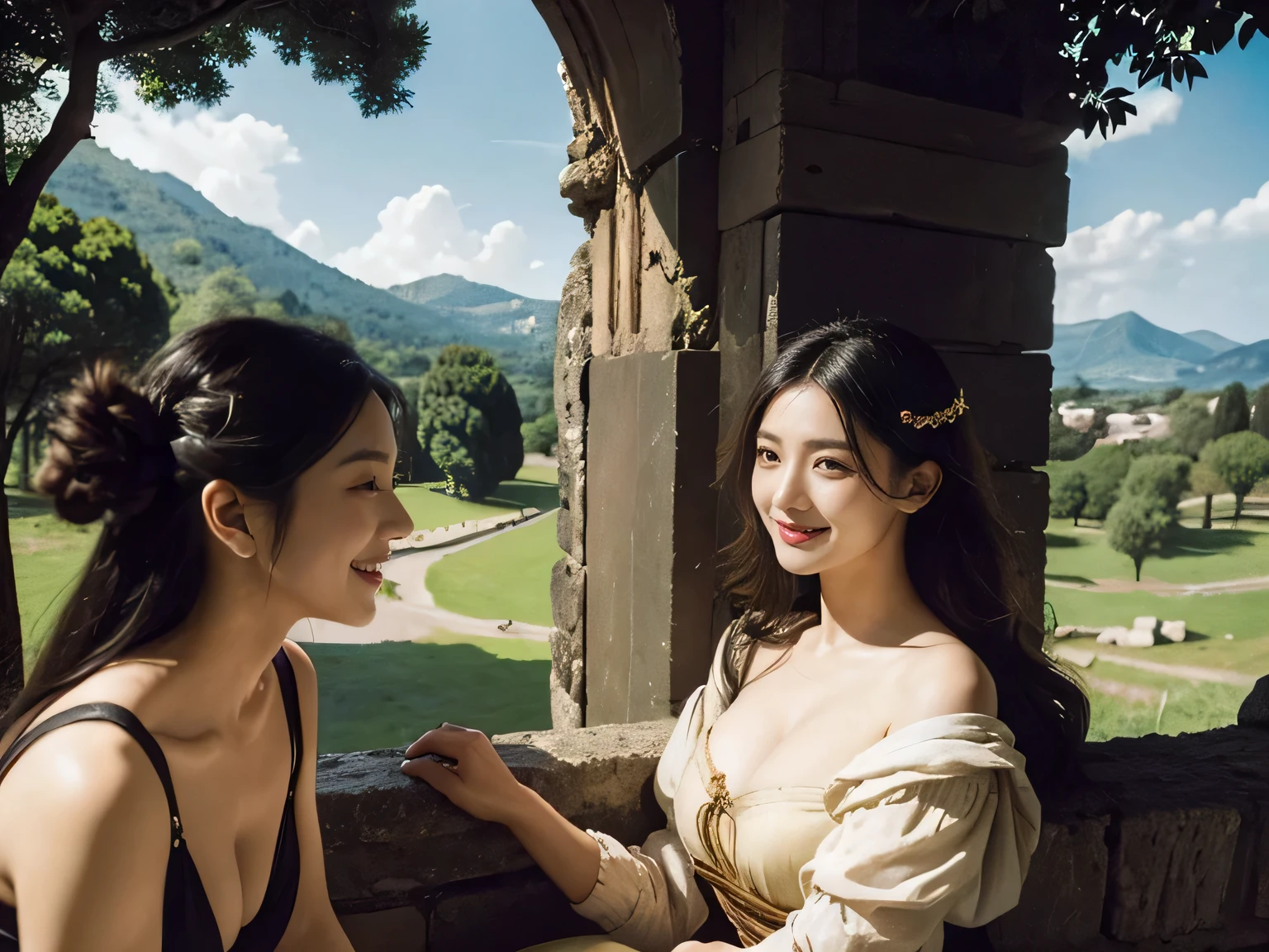 Ancient Roman ruins、Poussin-style landscape、smile、、Sweet and enchanting appearance、Caravaggio's paintings、Caravaggio&#39;s chiaroscuro、hair tousled by the wind、two women having fun、キュートなsmile、expression of ecstasy、sexy、erotic 