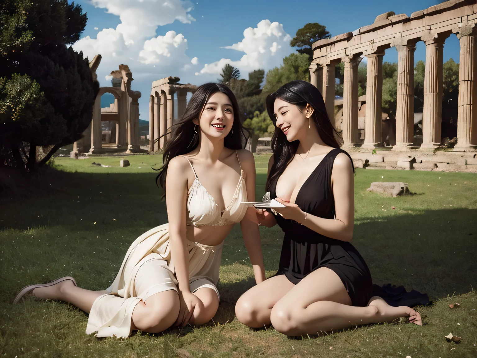 Ancient Roman ruins、Poussin-style landscape、smile、、Sweet and enchanting appearance、Caravaggio's paintings、Caravaggio's chiaroscuro、hair tousled by the wind、two women having fun、キュートなsmile、expression of ecstasy、sexy、erotic