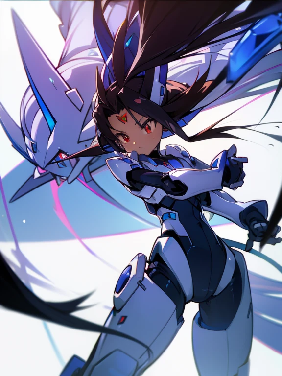 Masterpiece, best quality, highres, amazing quality, devouring the starry sky, tenchi muyo, mega mewtwo y, flat chested, (male), (8 year old boy), (shota), (Dark skin), cute, red eyes, very long dark brown hair, blue gem on forehead, white mecha musume armour, white exosuit armour, black powersuit, white mecha armour legging, long black mecha tail, badass, cool, shounen, close up,