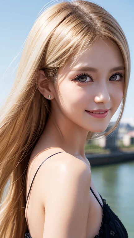 ((best quality:1.2, 8K, realistic photo:1.4, muste piece, back lighting, caustics, The ultimate beautiful blonde girl, Beautiful textures with great detail, detailed beauty makeup:1.2, Very white beautiful skin、Very beautiful bright light blue big eyes、very big eyes, blonde hair above one eye、blonde between the eyes、Detailed vandium thorax, (Canal background), ((White Fairy Costume )), (hair ornament), (naughty smile), (Detailed blonde and silver two-tone straight super long hair), ((round face)), (head tilt), From above , (wind)、small face beautiful girl、round face、cheek gloss highlight