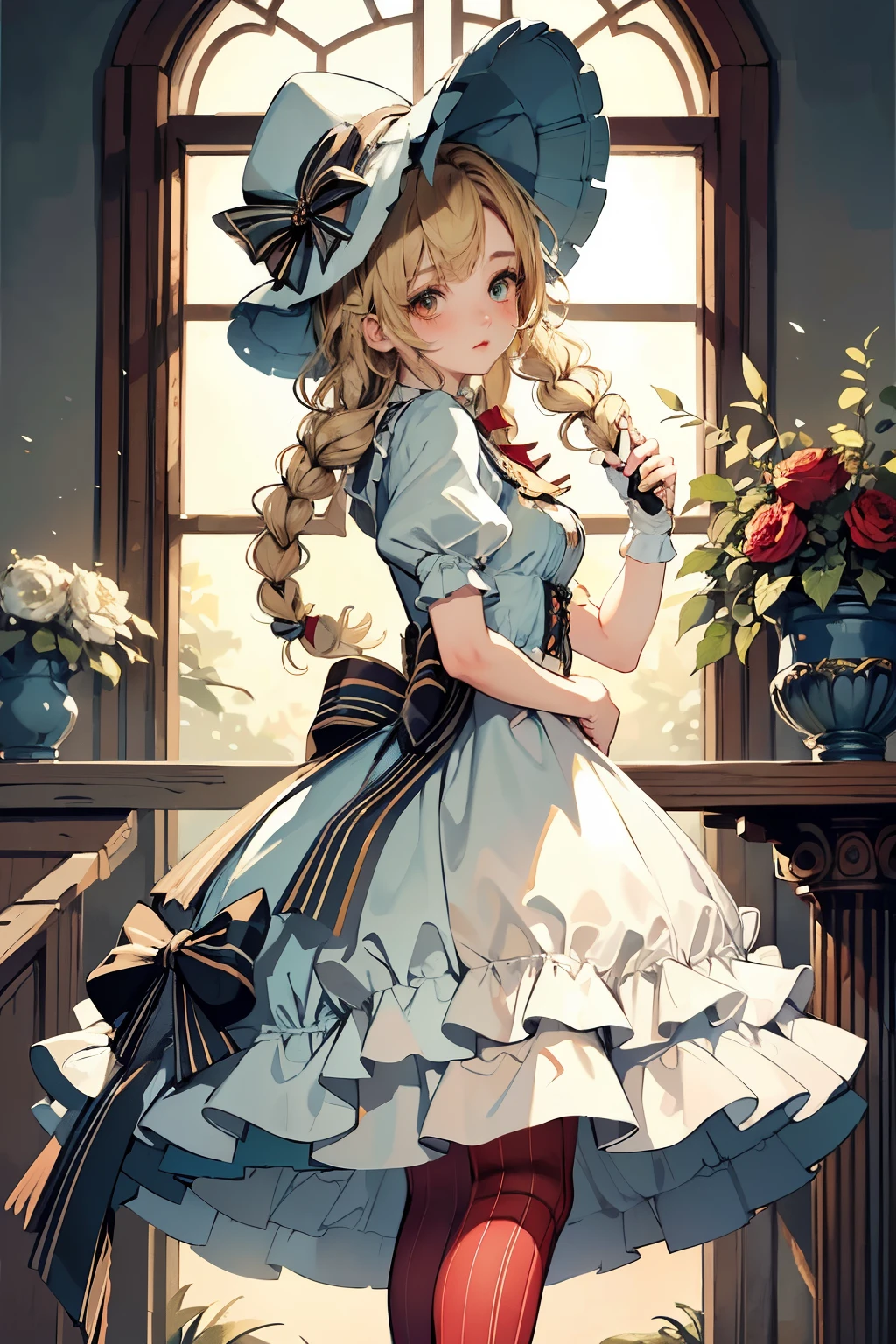 HDR,UHD,8K, best quality, masterpiece, Highly detailed, Studio lighting, physically-based rendering, 1girl, solo,
 BJD doll, blush, alice in wonderland, bere hat, red dress, green high socks, white flowers, ((red color)), blonde hair, short hair, twin braids, 
 