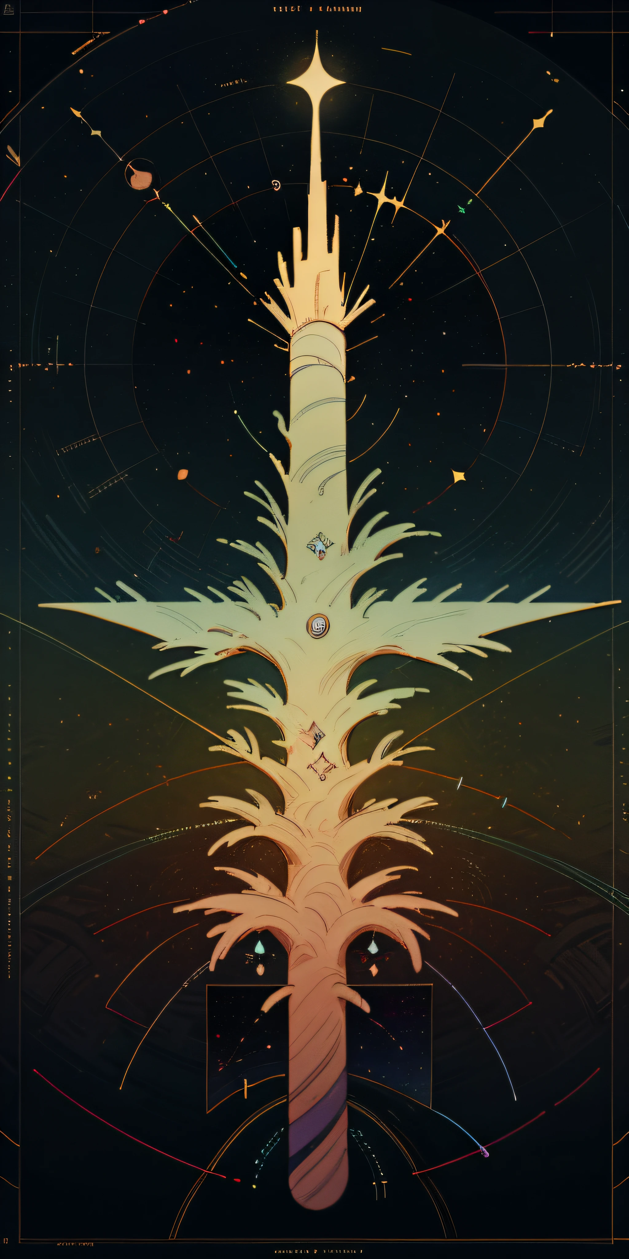 tree of Life，Multi-layered universe hierarchy diagram，详细的schematics注释，Triangle boundary，The dividing line of mysticism，Mountain and planet levels，surrounded by stars，Schematic diagram，Diagram，schematics，Many details are rich，复杂的显示schematics，Alchemy Universe，Astronomy teaching chart，