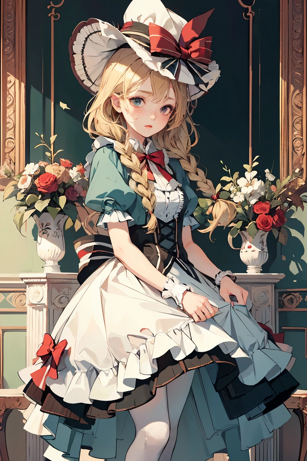 HDR,UHD,8K, best quality, masterpiece, Highly detailed, Studio lighting, physically-based rendering, 1girl, solo,
 BJD doll, blush, alice in wonderland, bere hat, red dress, green high socks, white flowers, ((red color)), blonde hair, short hair, twin braids, 
 