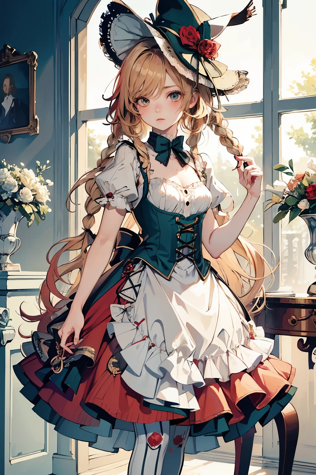 HDR,UHD,8K, best quality, masterpiece, Highly detailed, Studio lighting, physically-based rendering, 1girl, solo,
 BJD doll, blush, alice in wonderland, bere hat, red dress, green high socks, white flowers, ((red color)), blonde hair, short hair, twin braids, 
 