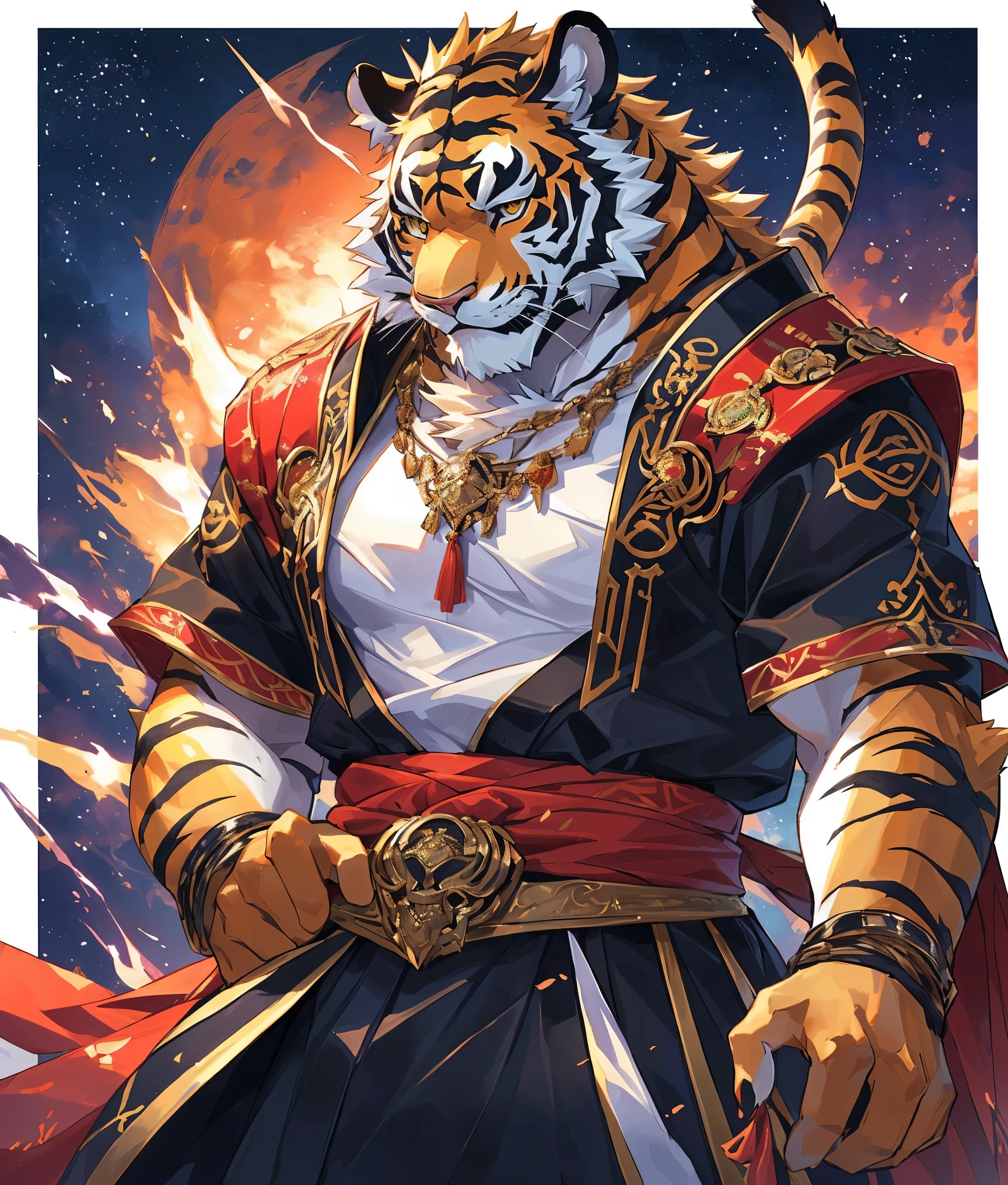 Close-up of cartoon character with big breasts, anthropomorphic tiger, tiger_beast, Detailed fanart, high resolution committee, Tik, Very detailed的精美扇子艺术, Strike a hot and majestic pose, Detailed and colorful, Fat ripped satanic creature, Very detailed!, pov furry art, Handsome Japanese devil boy, Inspired by Tawaraya Sotatsu,Gorgeous costumes