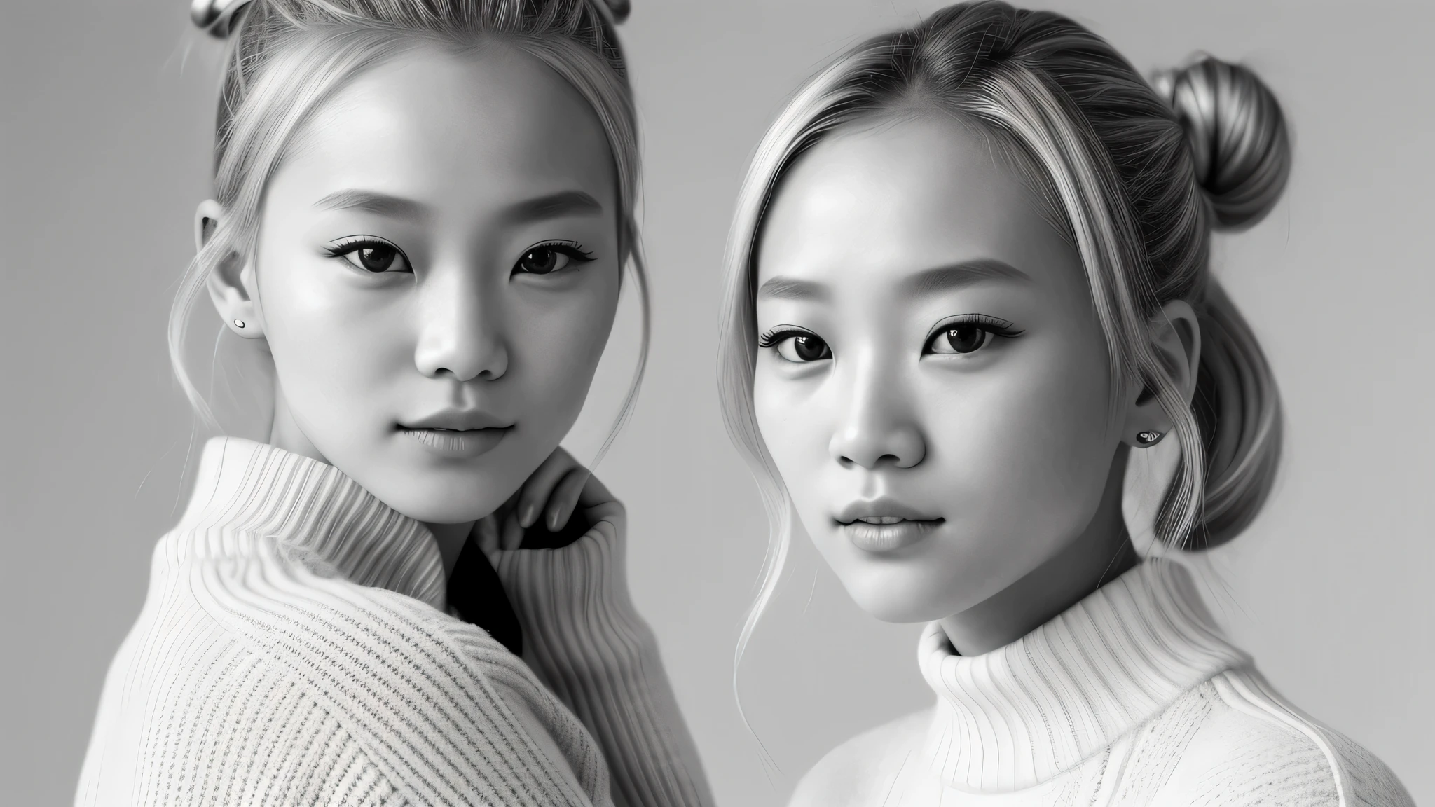 black and white photo of a girl kids blonde hair bun with a sweater on and glass, portrait black and white, close up portrait photo, black and white portrait, 1 3 5 mm nikon portrait, beautiful portrait photo, studio potrait, taejune kim, seseon yoon, jaeyeon nam, gorgeous young model, editorial portrait, high detail portrait photo,