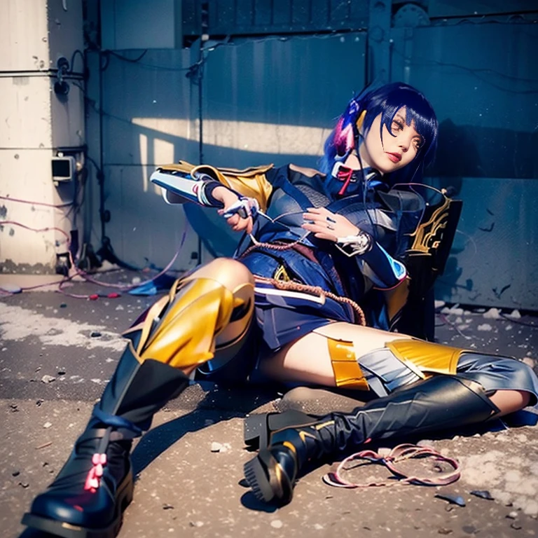 Arafe woman sitting on the ground wearing a blue shirt and black boots, anime girl cosplay, professional cosplay, anime cosplay, Inspired by Ren Mei, cosplay photo, cosplay, ayaka cosplay, league of legends senna, full-cosplay, realistic cosplay, pharah from overwatch, as an overwatch character, sakimichan frank franzzeta