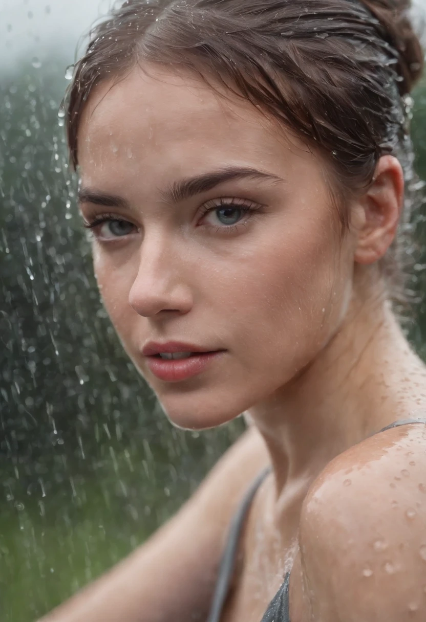 a close-up shot of the girl’s face, capturing the raindrops on her skin and the intensity of her emotions as she dances in the rain