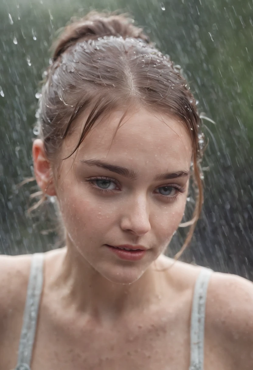 a close-up shot of the girl’s face, capturing the raindrops on her skin and the intensity of her emotions as she dances in the rain