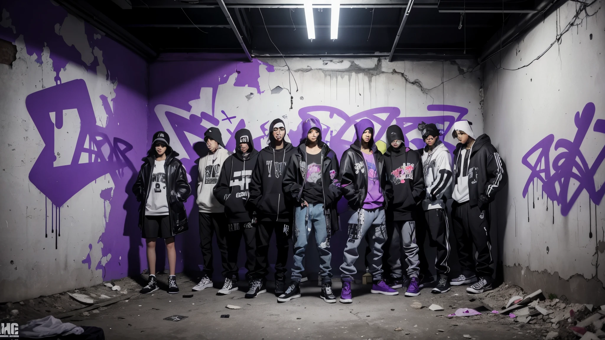 aesthetic, graffiti on walls, rap graffity tags on walls, team of girls and boys, aesthetic, cool crew chilling, crew, stylish, heavy clothes, smooth colours, underground, purple eyes, holding weapon, with a cat as a pet, thug, 3d, ambient occlusion, ultra hd, shadow, good lighting, torn walls